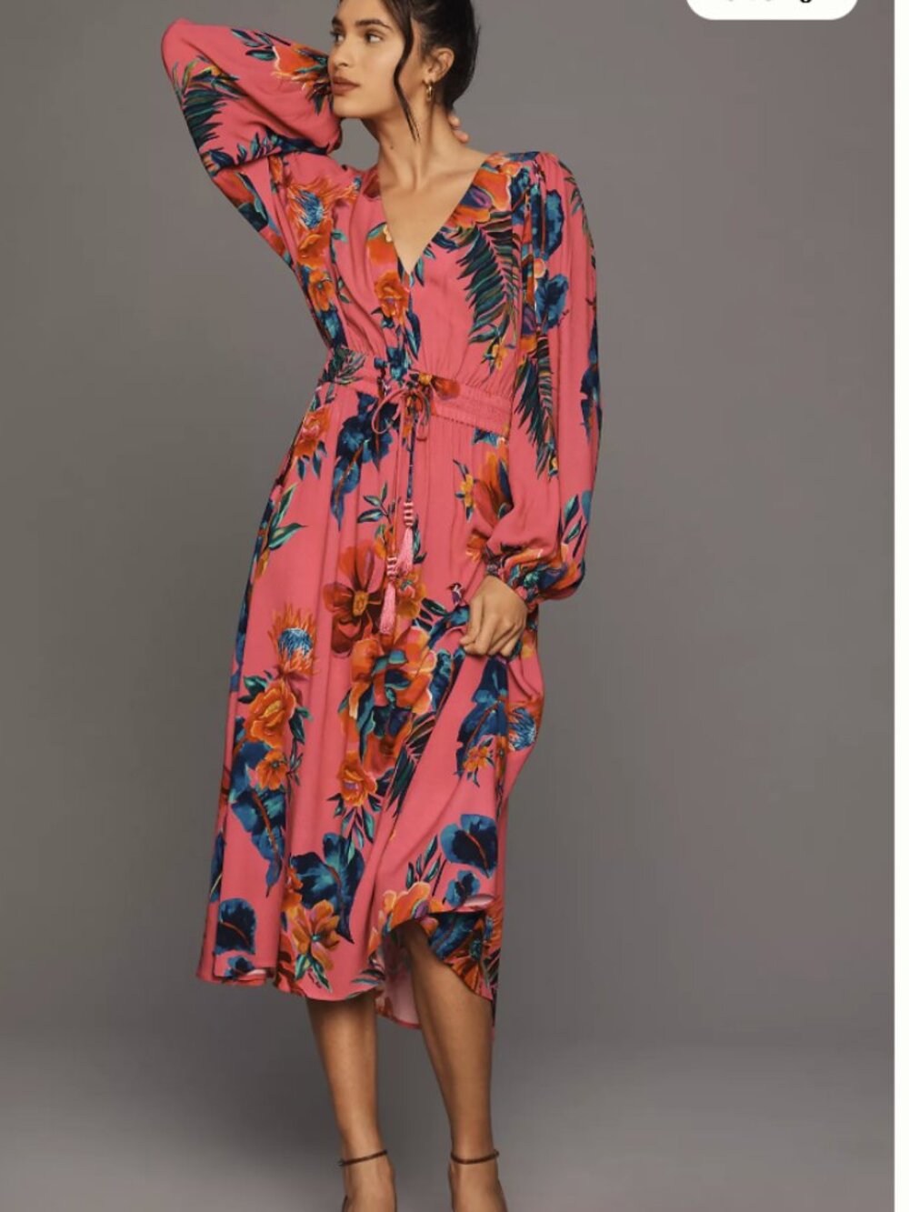 Farm Rio Long-Sleeve V-Neck A-Line Midi Dress pink floral m medium